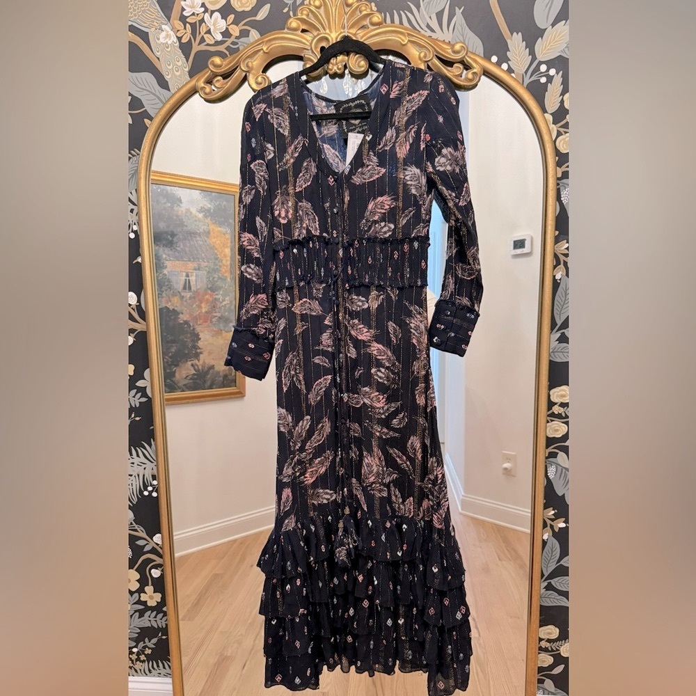 Z&L Dusty Feathers Maxi Dress/ Navy / Size S / NWT